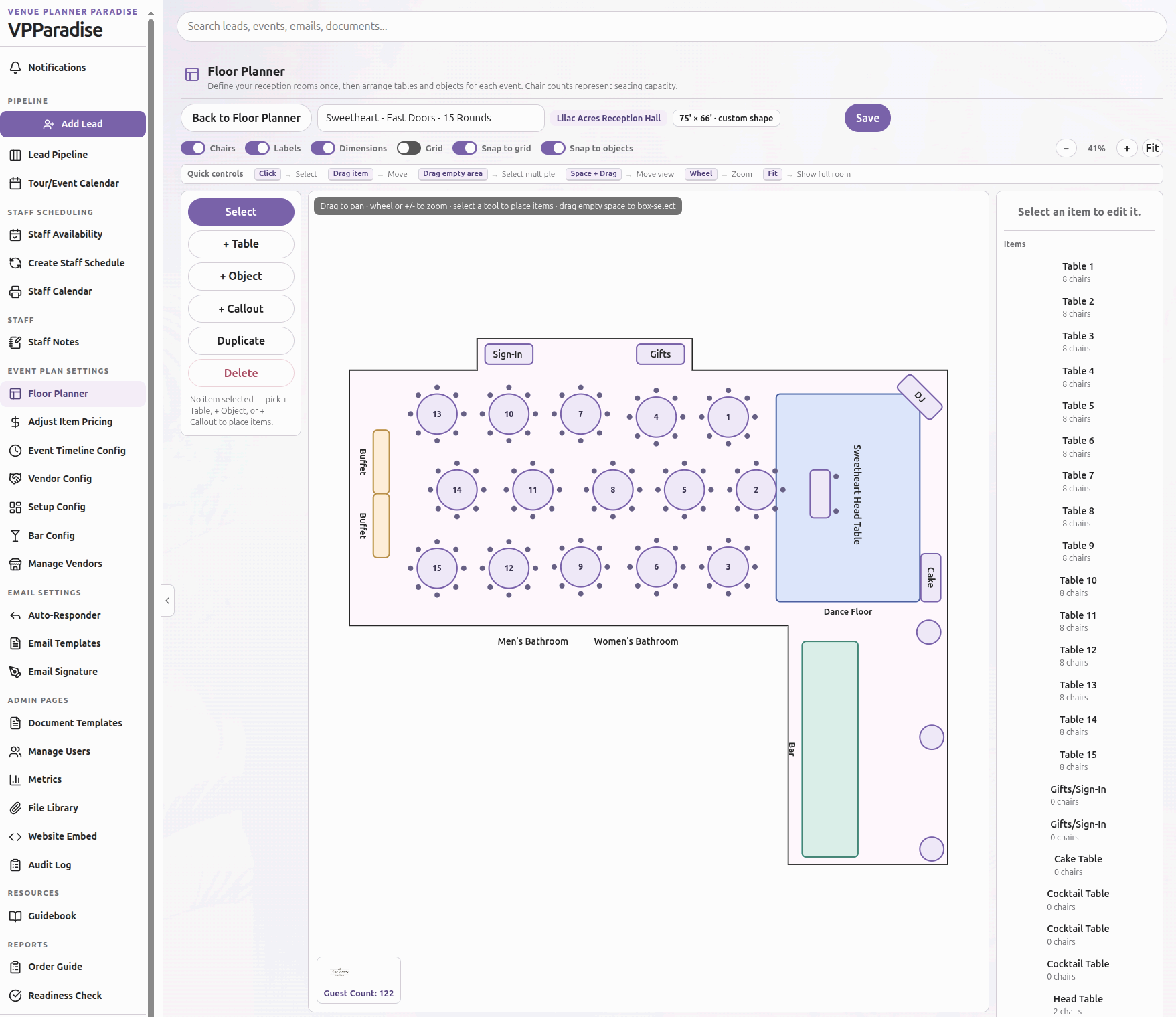 VPParadise Floor Planner showing a reception hall layout with numbered tables, chairs, dance floor, bar, buffet, DJ, and gift/sign-in areas, with an event setup summary panel